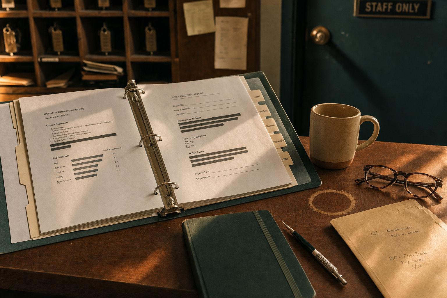 Back-of-house desk with an open evidence binder, showing how hotels actually keep audit records