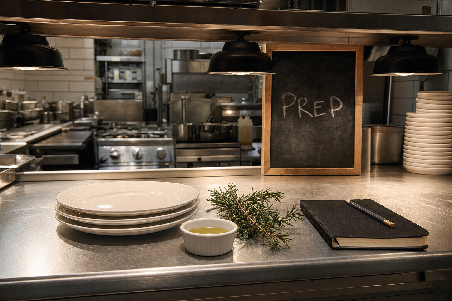 Quiet hotel kitchen pass between service, prep board visible on the back wall