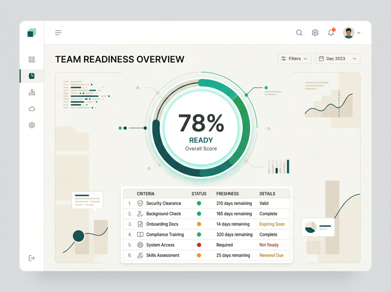 Readiness Tracking · continuous status monitoring with freshness decay